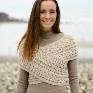 Aran Merino‎ Cable Crossover Wrap with Buttons NWOT